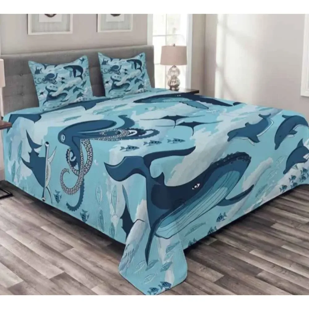 NEW Blue Ocean duvet bedding set with ocean whales /octopus and sea life